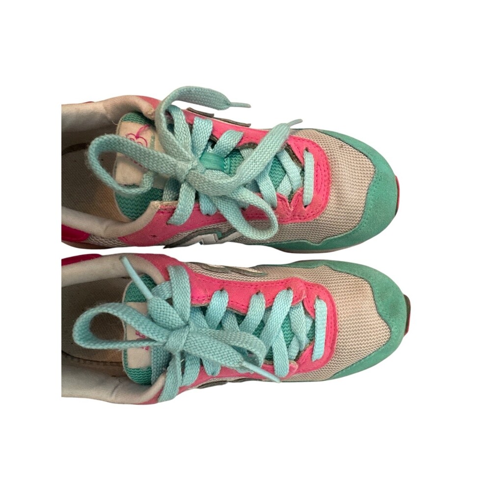 New Balance Girls Size 2 Sneakers Gray Pink Aqua Lace Up Low Top Rubber Sole Ath - Picture 12 of 12